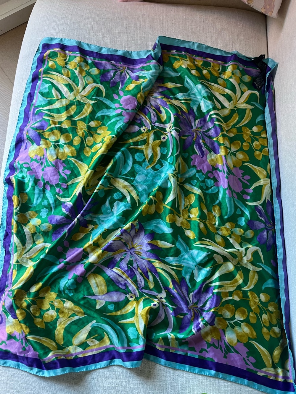 Zara Floral Square Scarf Green Purple Aqua Botanical Print Satin Feel - Picture 5 of 6